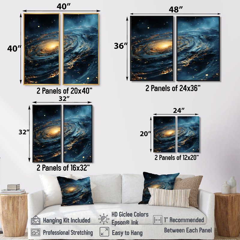 Glorying Galaxy Black Hole - Décoration murale moderne 2 panneaux, H 32 po x l 32 po, Impression encadrée flottante, Doré