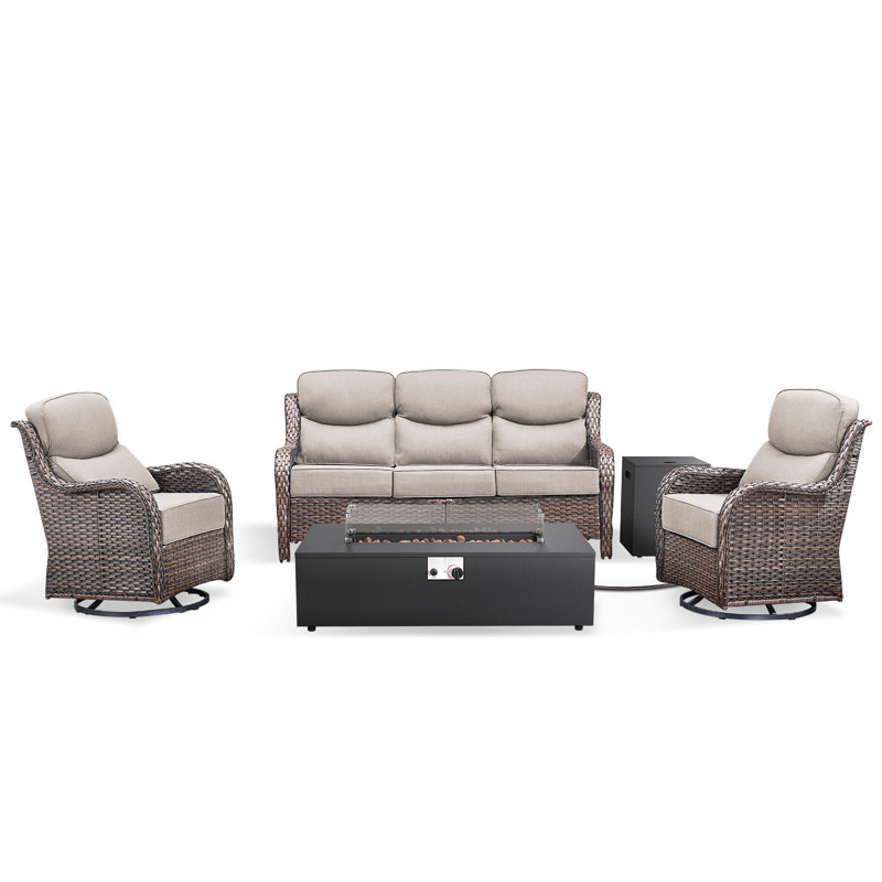 Bruner 4-Piece Wicker Rattan Patio Fire Pit Table Conversation Set With Swivel Gliders