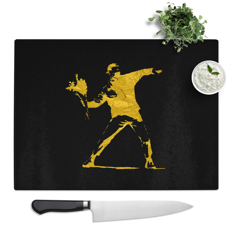 Banksy In Black Gold Flower Thrower Graffiti  Glass Chopping Board