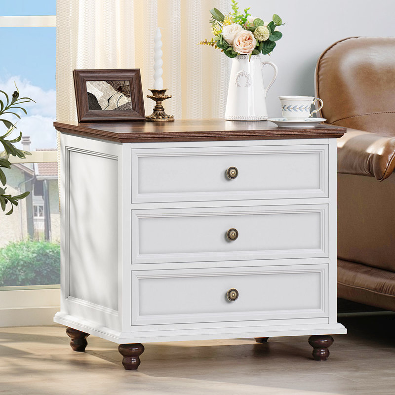 Grande table de chevet 24 po, grande table de bout avec 3 tiroirs et poignée en métal, commode pour la chambre à coucher, commode de table de chevet, table de chevet en bois pour le salon, garde-robe