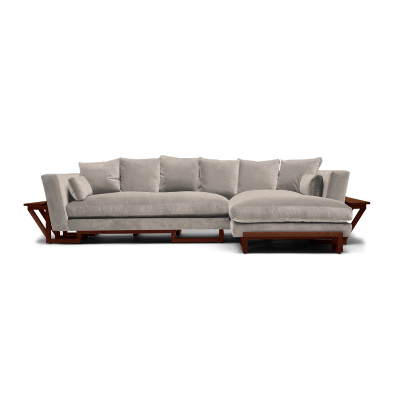 LRG Upholstered L-Shaped Sectional Right Hand Facing, Right and Back Side Trays, Solid Walnut, Organza Velvet