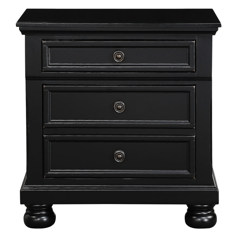 Table de chevet de chambre à coucher décontractée en noir, tiroir caché, 2 tiroirs réguliers, glissières à roulement à finition noire, compartiment, ton bronze
