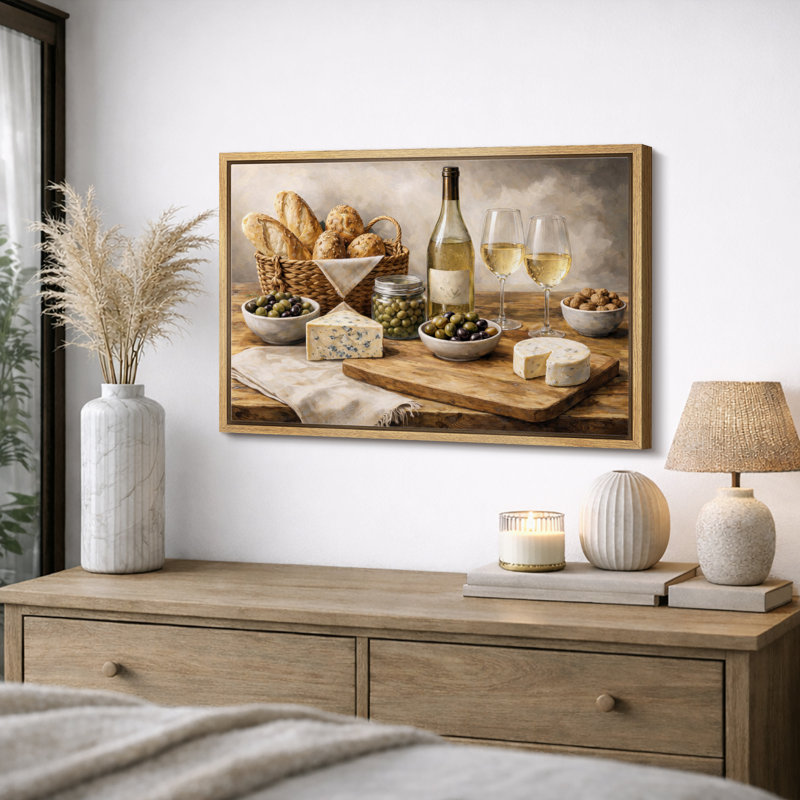 Œuvre d'art rétro de fromage et de vin blanc, images de cuisine de campagne, impression sur toile encadrée, Cadre naturel