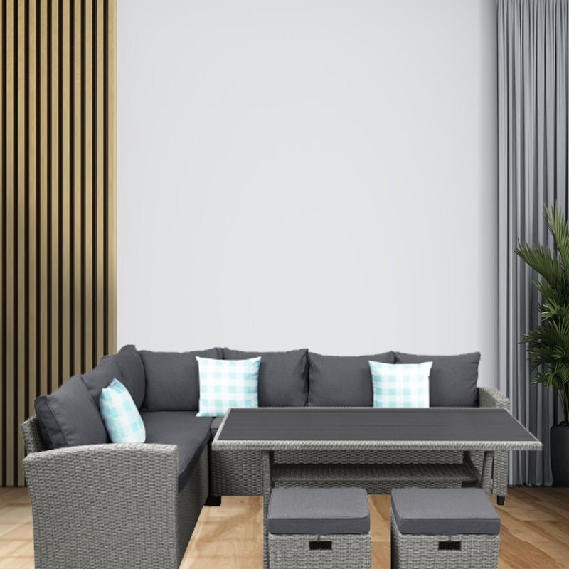 Ensemble de conversation modulaire en rotin 5 pièces avec coussins, Gris, Gris / Chêne