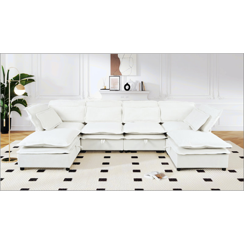 Double-Layer Cushion Modern Large U-Shaped Modular Sofa, Beige Polyester