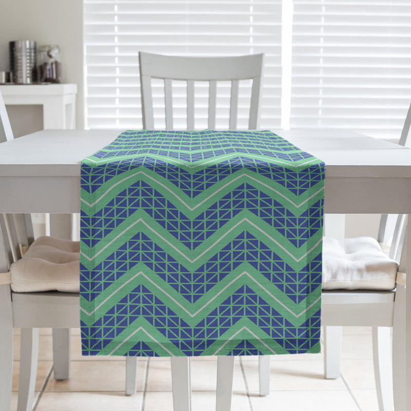 Stephenie Classic Hand Drawn Chevron Table Runner, 16" x 72", Green/Blue