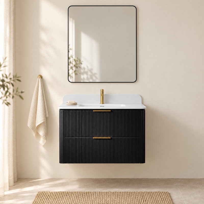 Ensemble de vanité suspendue noire de 76 cm avec lavabo intégré et miroir de salle de bain de 76 x 91 cm