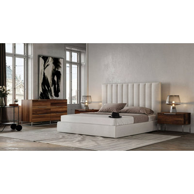 Ensemble de chambre à coucher 4 pièces Valhalla + Lorenzo - Tissu blanc moderne + chêne clair
