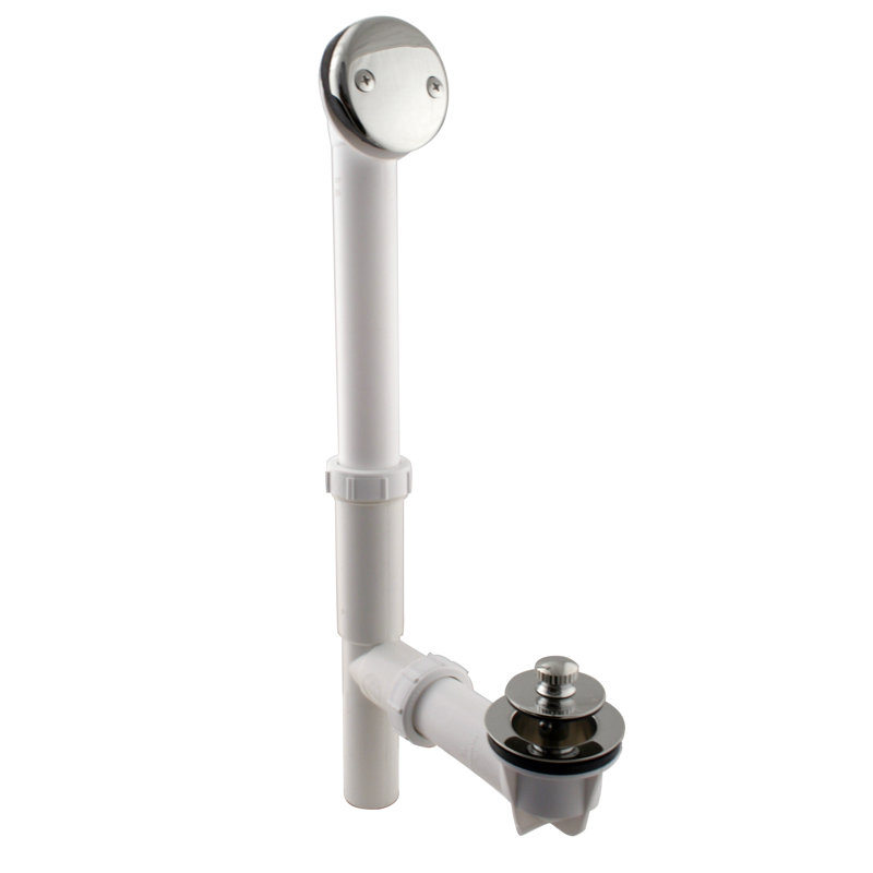 14" White Polypropylene Twist & Close Bathtub Leg Drain Assembly with 2-Hole Overflow, Polished Nickel