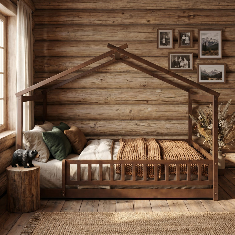 Lit double en bois pour enfant avec clôture, couleur de bois noyer, Lit double, Brun