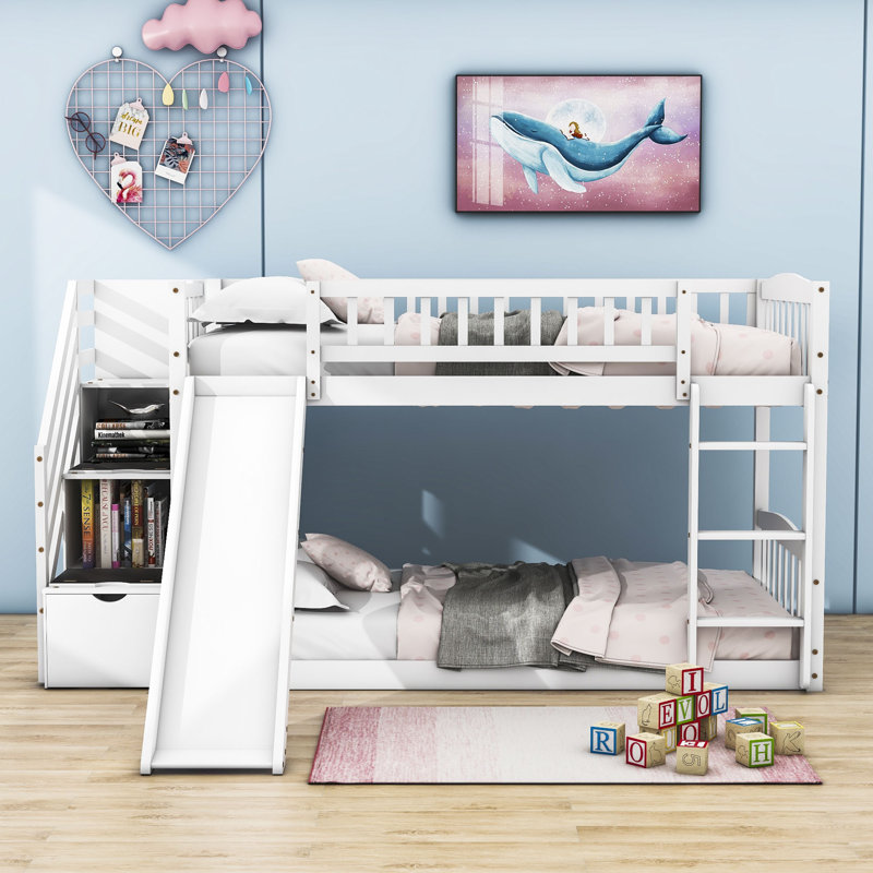 Twin Over Twin Wood Bunk Bed with Slide and Storage Staircase, White