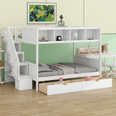 Bunk Bed With Shelfs,Storage Staircase And 2 Drawers