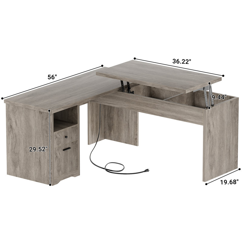 Swapan 56'' Lift Top L-Shaped Desk with Drawers and Power Outlets, Executive Desk, Washed Oak