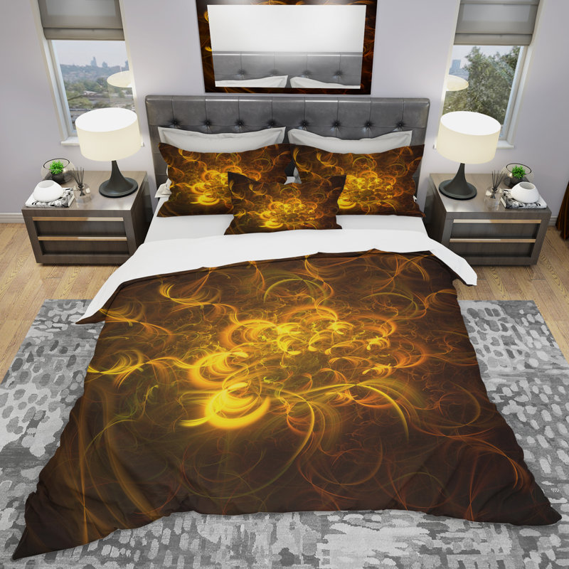 Ensemble de housse de couette fleur fractal doré, Housse de couette double / grand + 2 taies