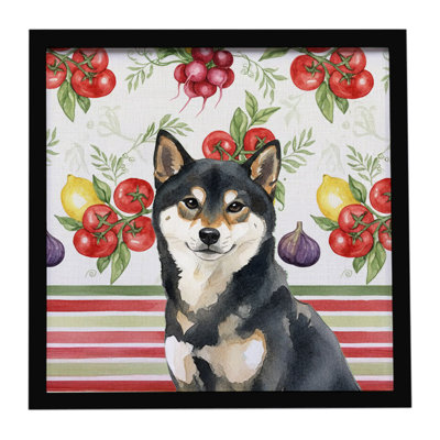 Impression sur métal encadrée de légumes noir et brun clair Shiba Inu