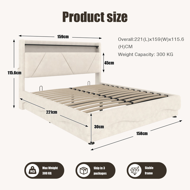 Upholstered Ottoman Storage Bed, Beige, Kingsize (5')