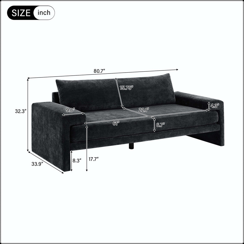 Canapé surdimensionné de 80,7 po à 3 places avec tissu chenille et accoudoirs larges, Chenille noir
