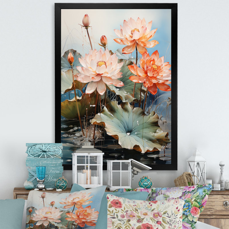 Art asiatique de Varsi, étang de lotus VII sur toile, H 40 po x l 30 po x P 1,5 po, Cadre photo noir
