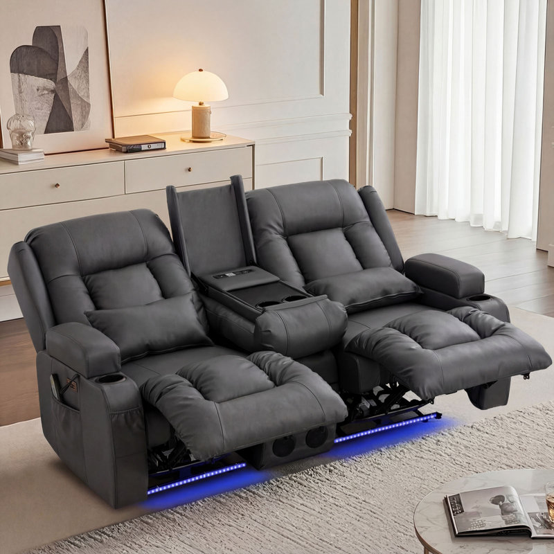 Power Reclining Sofa With Heat And Massage, Bluetooth Speakers And LED Lights, 3 Seater Dual Recliner Sofa With USB Ports And Cup Holders