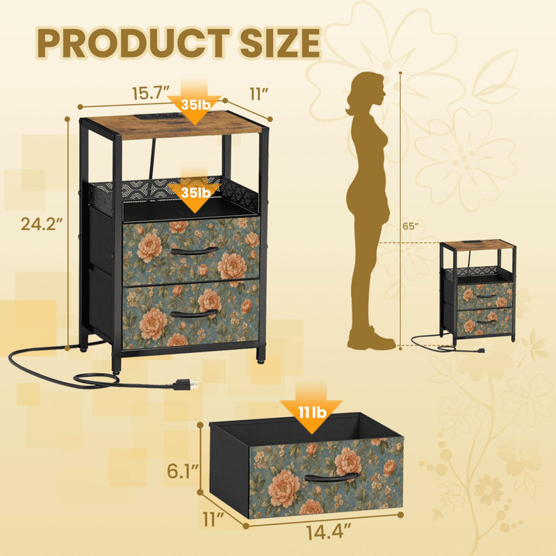 Table de chevet 2 tiroirs en tissu avec station de charge Vintage Floral Soft