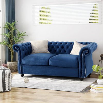 Navy Blue Velvet With Nailhead Accents And Rolled Elegant In Trim Tufting
