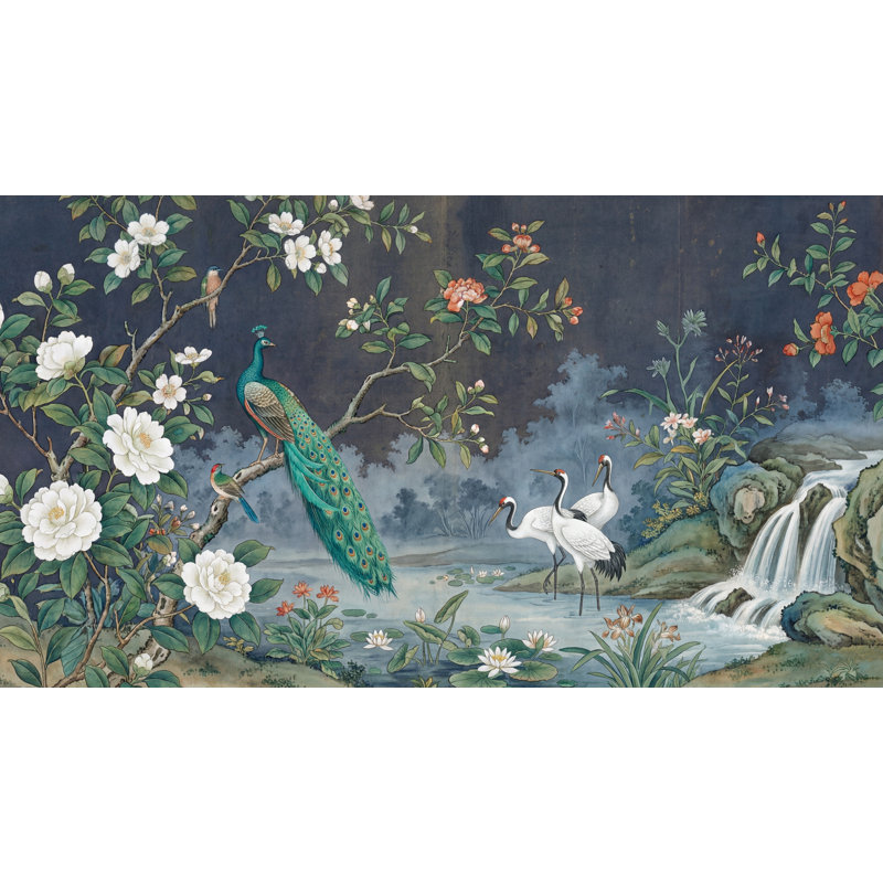 Murale cascade de papier peint paon, 160 po x 108 po, Peler et coller