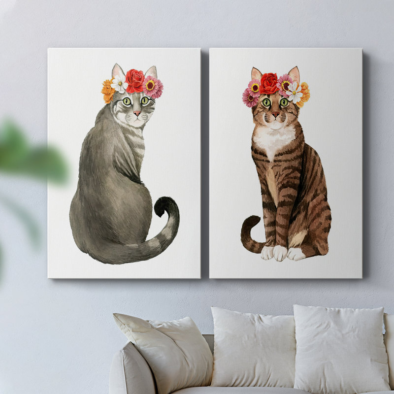 «Flower Crown Cats I» - Toile tendue avec châssis de qualité supérieure - Prêt à être accroché, H 27 po x l 36 po