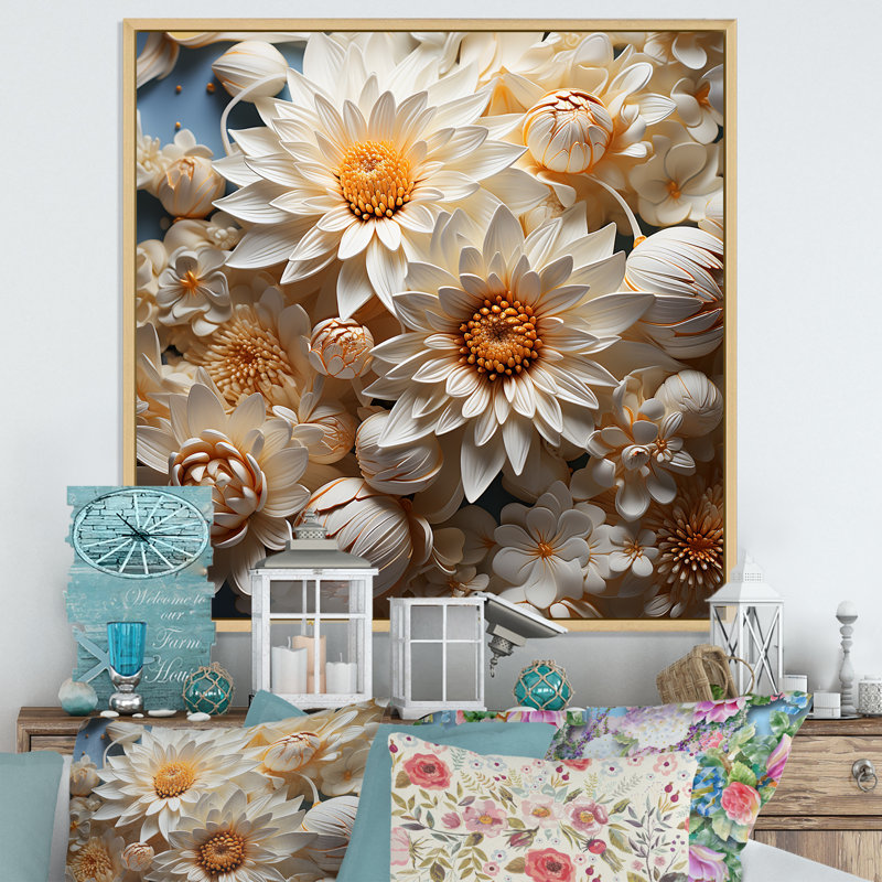 «White and Orange Daisy Efflorescence Waltz» sur toile imprimée, H 16 po x l 16 po x P 1 po, Cadre flottant brun