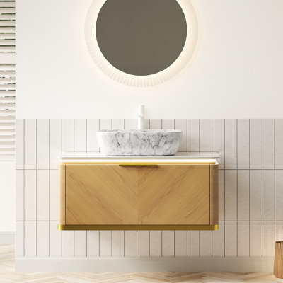 Meuble-lavabo flottant 36 po avec tiroir en sergé, éclairage à détection automatique, comptoir en pierre frittée et lavabo vasque, poignées dorées exquises, grand espace de rangement à DEL