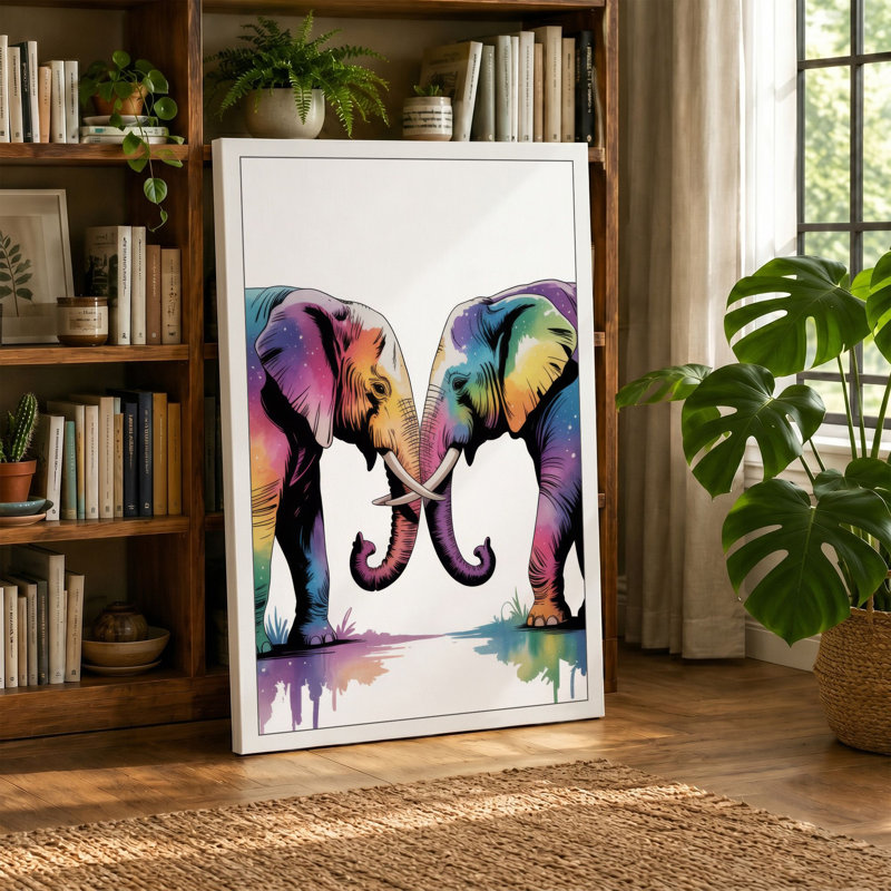 Elephants in Watercolour Modern - Wrapped Canvas, 24x16 - 61.0 x 40.6 cm, Taupe Border