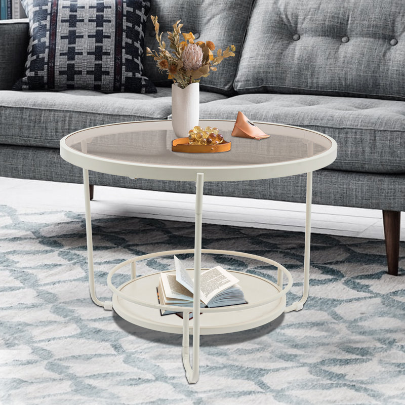 Table de bout ronde moderne à 2 niveaux, structure en métal et table d'appoint en verre trempé transparent, l 23,6 po x P 23,6 po x H 17,7 po