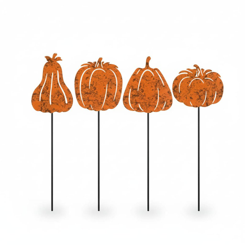 4 Pcs Fall Pumpkin Garden Stakes | Rustic Metal Yard Art for Autumn Harvest, Thanksgiving & Halloween Decor