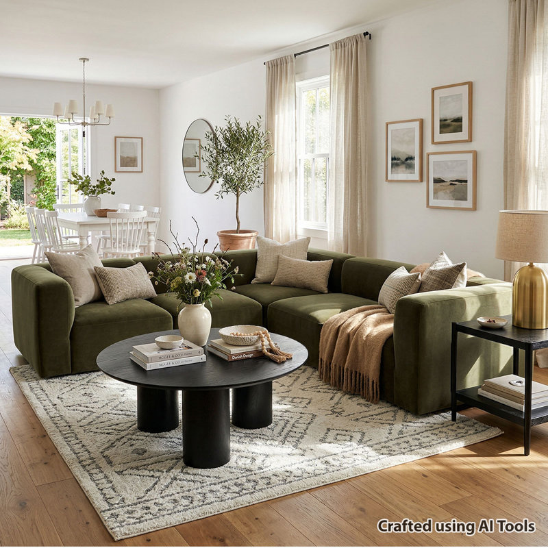 Canapé modulaire moderne en L avec table basse ronde, velours performance, assise profonde, 101 po Modern, Vert olive