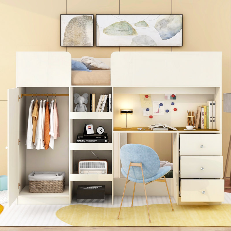 Lit mezzanine double en bois avec garde-robe intégrée, bureau, tablettes et tiroirs de rangement, beige, Beige