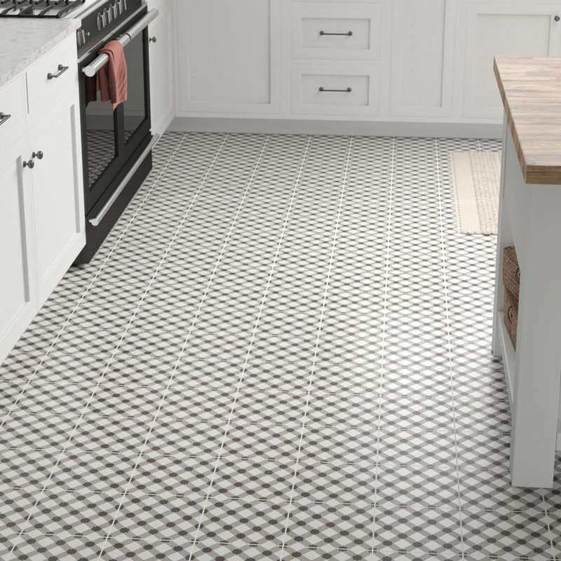 Tuile de champ en porcelaine 8 po x 8 po Encausto, Blanc / Noir