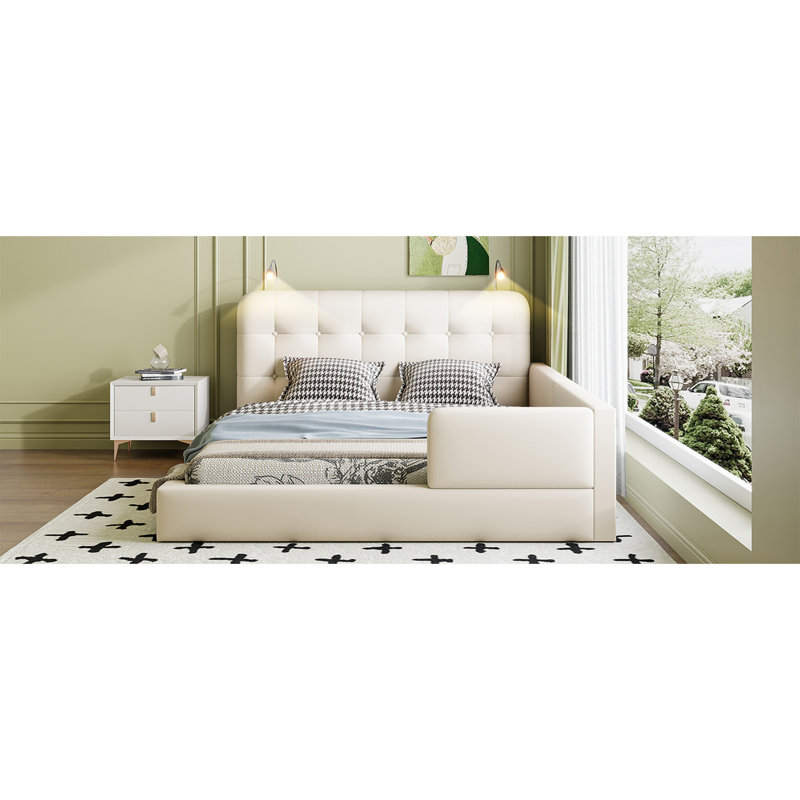 Queen Size Upholstered Platform Bed With 2 Reading Lights, White