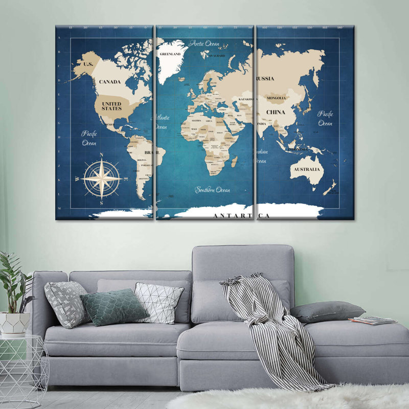 Carte du monde cobalt 3 pièces, H 20 po x l 33 po x P 1,25 po
