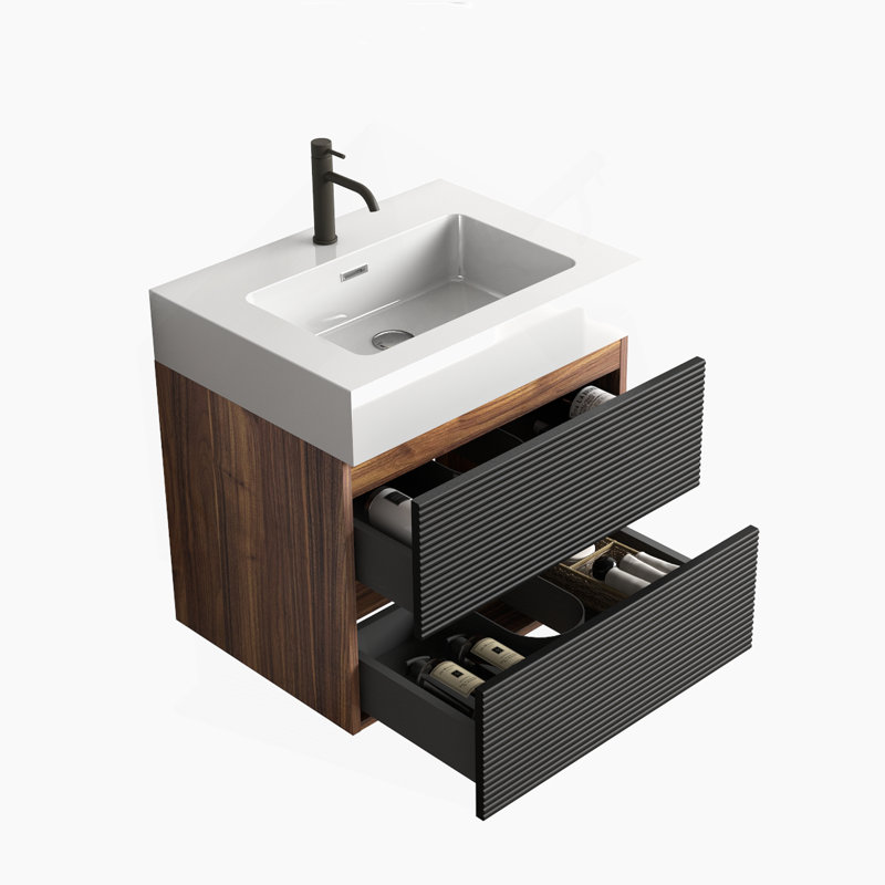 Meuble-lavabo 24 po avec lavabo à quartz d'ingénierie et tiroirs noirs doux, meuble-lavabo mural flottant pour salle de bain moderne, lavabo une pièce, KD