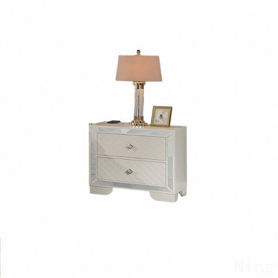 Classic Luxury Look Cream, 1Pc Nightstand, Wooden Bedside Table, 2 Drawers With Mirror Glass Panel, Bedroom Furniture