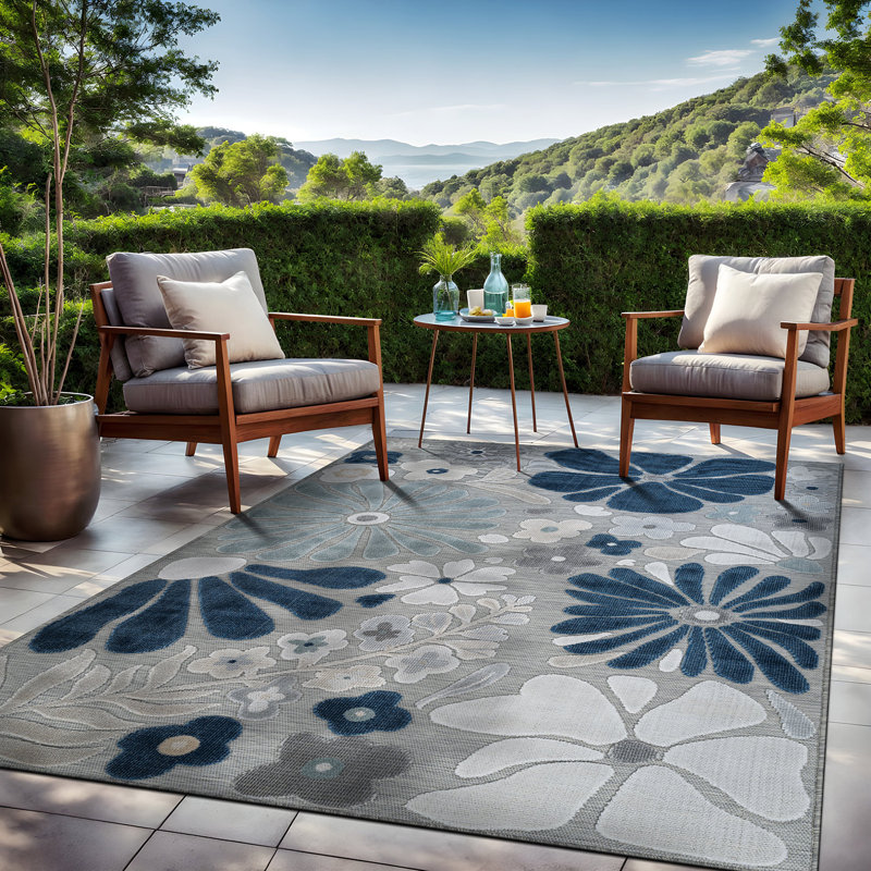 Tapis floral d'intérieur pour l'extérieur, Blue, Rectangle 5' x 7'