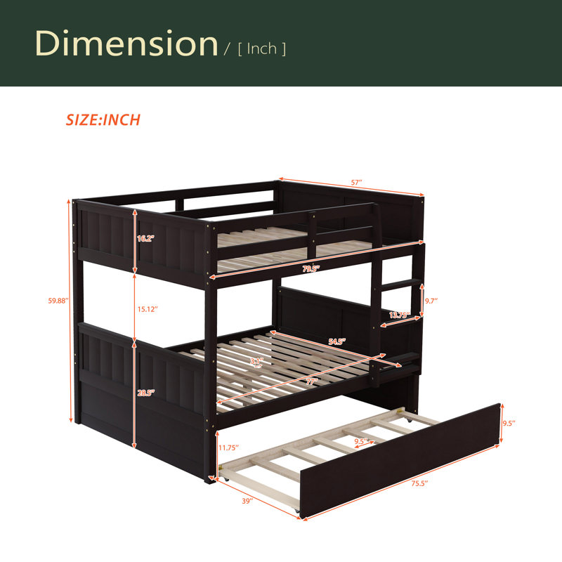 Lit superposé double au-dessus de double avec lit gigogne simple, Espresso