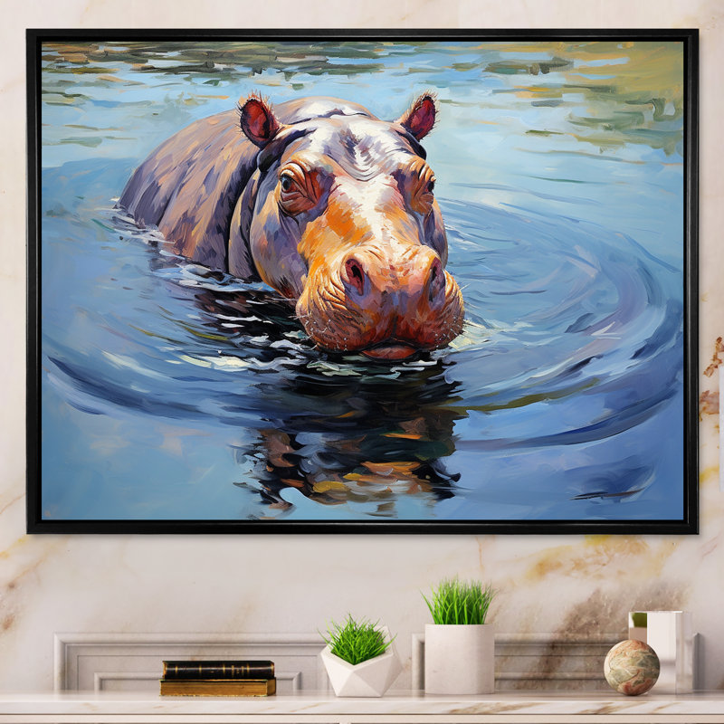 «Curious water hippo - Hippopotamus», art mural, Cadre flottant noir, H 30 po x l 40 po x P 1,5 po