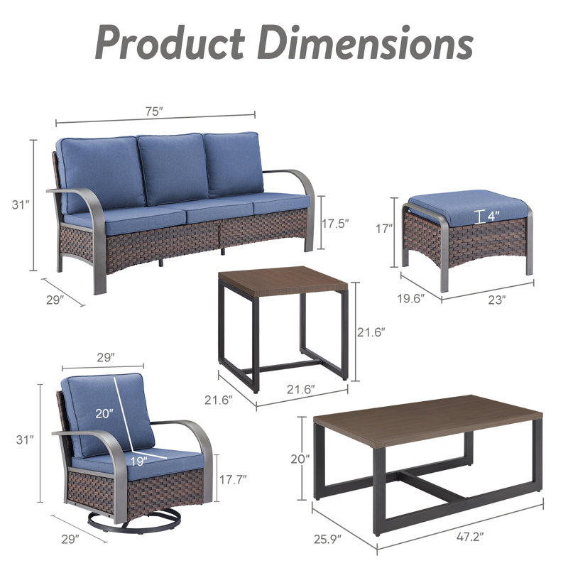Ensemble de meubles d'extérieur 6 pièces avec chaises pivotantes Bobra, Bleu