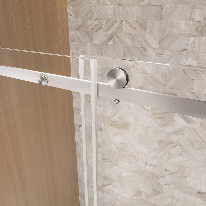 Frameless Single Sliding Shower Door  48 "W X 76" H, 1/4 "(6 Mm) Clear Tempered Glass, Explosion Proof Film, Stainless Steel Handle Square Tube Track  Brushed Nickel