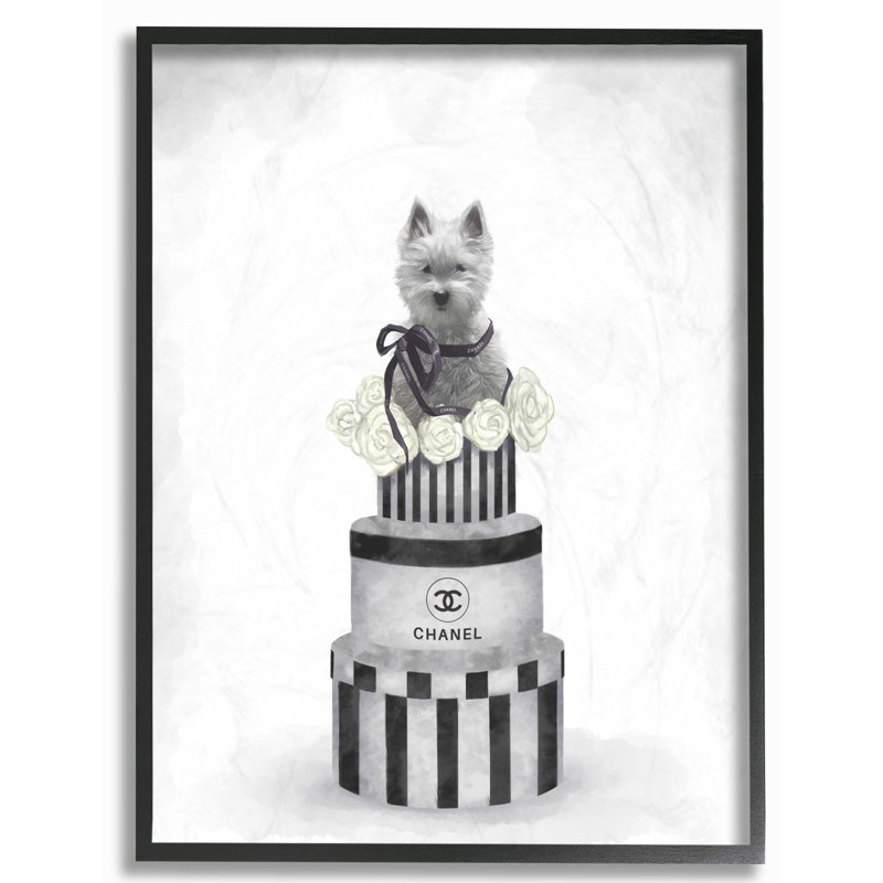 «Fashion Dog Box Stack Grey», peinture, H 30 po x l 24 po, Giclée encadrée noir minuit