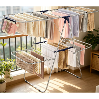 Séchoir à vêtements pliable à 2 niveaux avec 33 rails de séchage et ailes réglables en hauteur, séchoir à linge autoportant avec pinces à chaussettes, sécheuse à vêtements pour l'intérieur et l'extérieur, argent et bleu