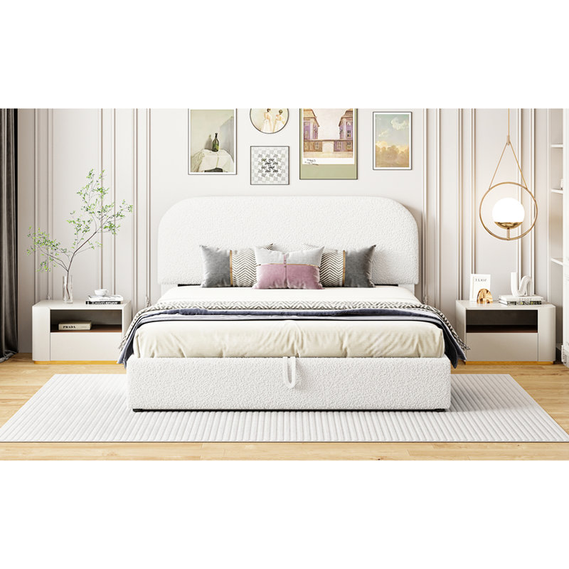 Lit plateforme avec toison blanche et housse de rangement hydraulique efficace, Grand lit
