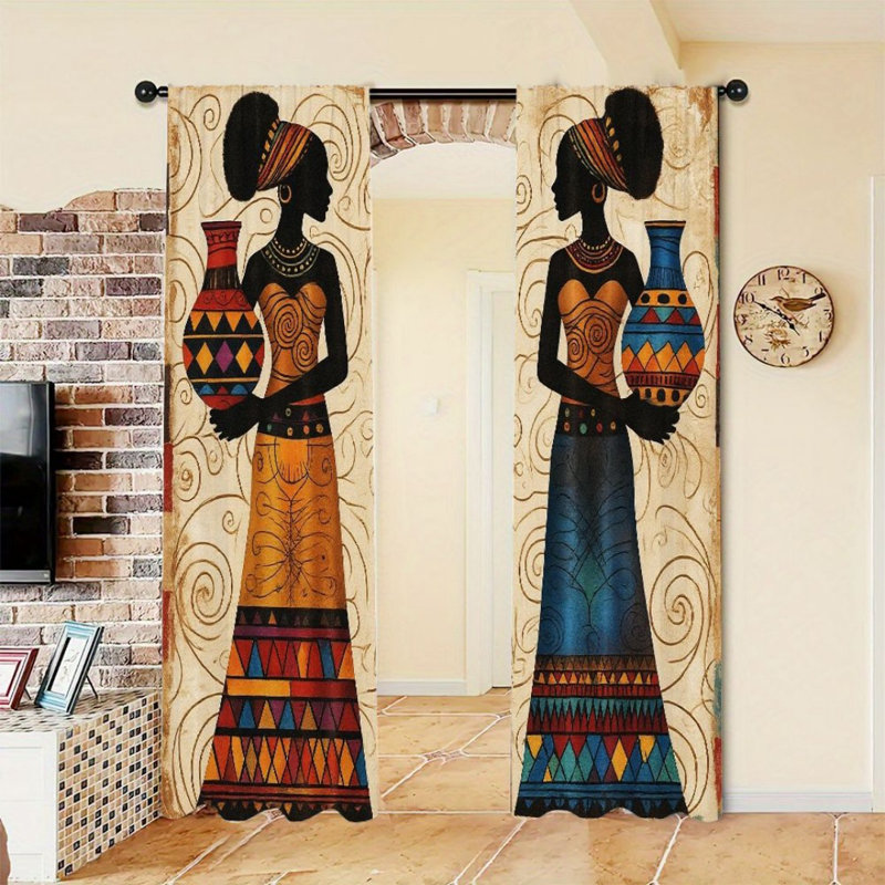 2Pcs African Style Pattern Curtains, Beige Swirl Design with Vase Pattern, Rod Pocket Light Filtering, Artistic Style, All-Season For Living Room Bedroom Window Decor