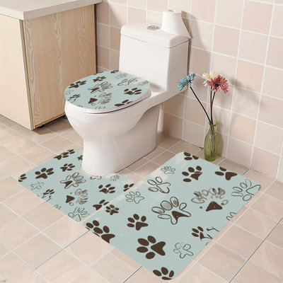 Light Blue Paw Print Pattern Set Of 3 Bathroom Rug Collection in Light Blue