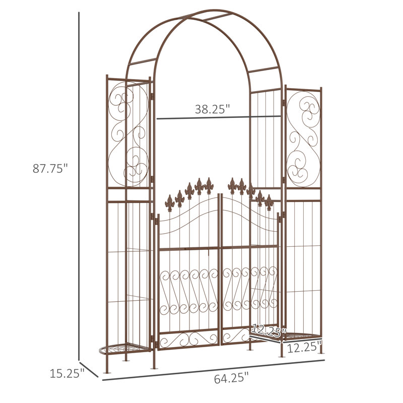 Brown Metal Garden Arbor with Fleur De Lis Motif and Gate